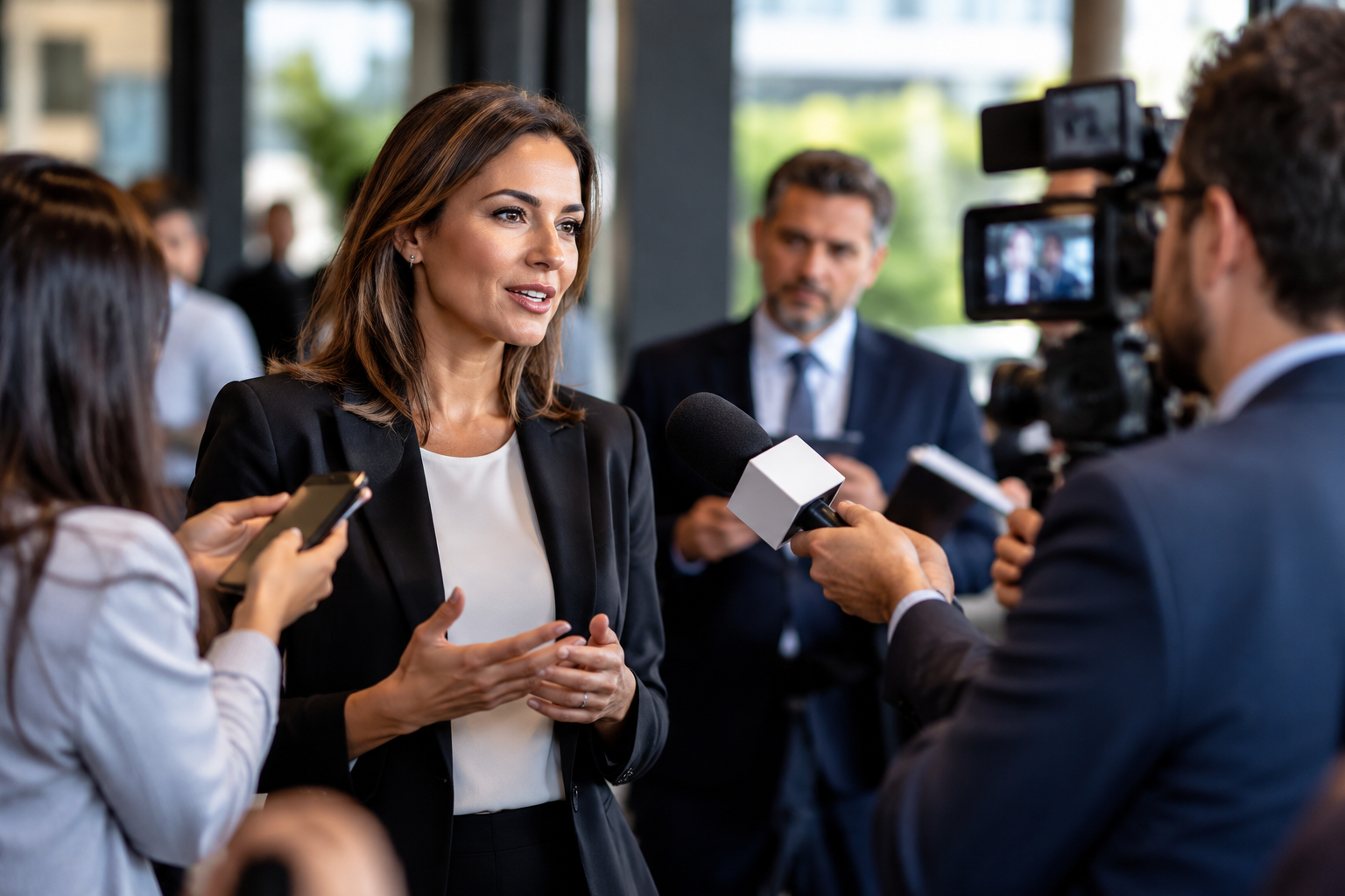 Porta-voz concede entrevista a jornalistas com microfone e câmera