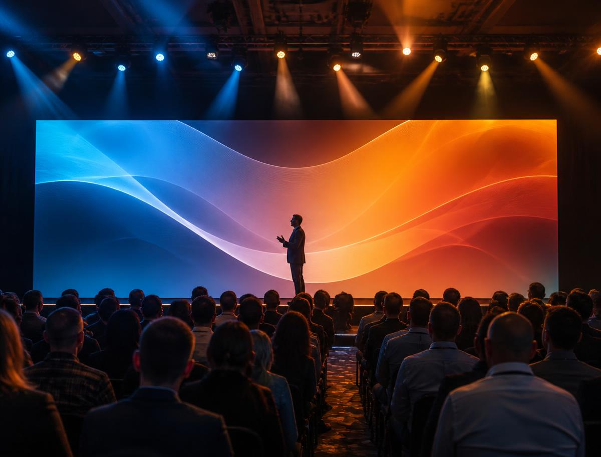Evento corporativo em palco com painel de LED e plateia